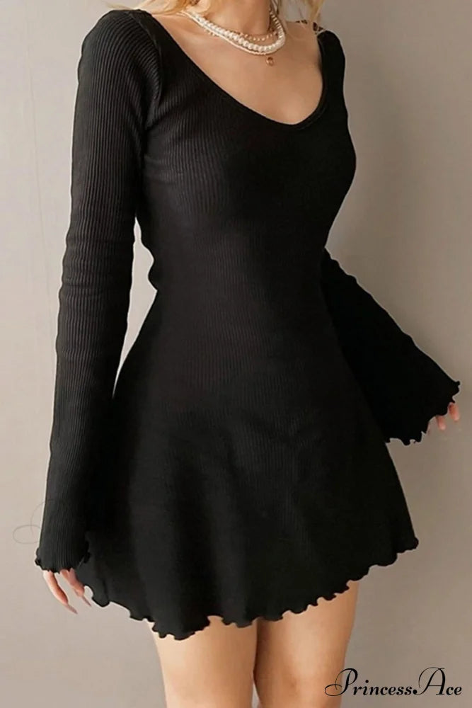 Long Sleeve Lacework Hem Dress With Round Neck Black / M Mini Dresses