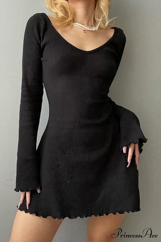 Long Sleeve Lacework Hem Dress With Round Neck Black / S Mini Dresses