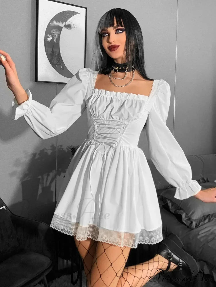 Long Sleeve Lolita Black Puff High Waist Vintage Bandage Lace Trim Party Dress White / S Halloween