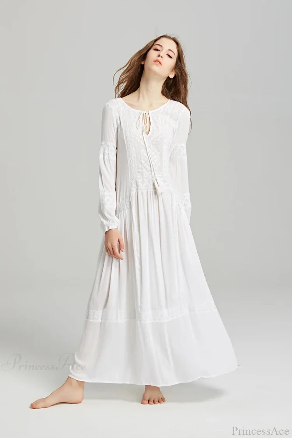 Long Sleeve Maxi Dress Red Floral Embroidery Tassel Boho Dress bohodress-250126