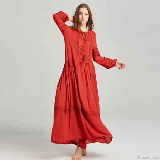 Long Sleeve Maxi Dress Red Floral Embroidery Tassel Boho Dress Red / S bohodress-250126