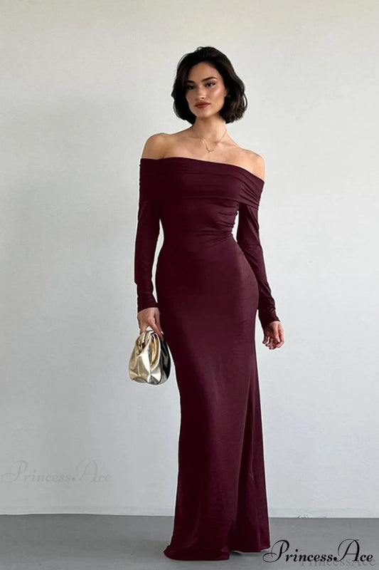 Long Sleeve Off Shoulder Sexy Bodycon Maxi Dress Burgundy / S