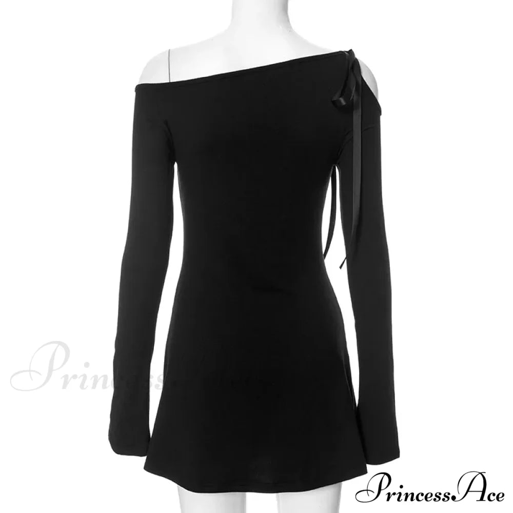 Long Sleeve One Shoulder Graceful Ribbon Tie-Up Mini Dress