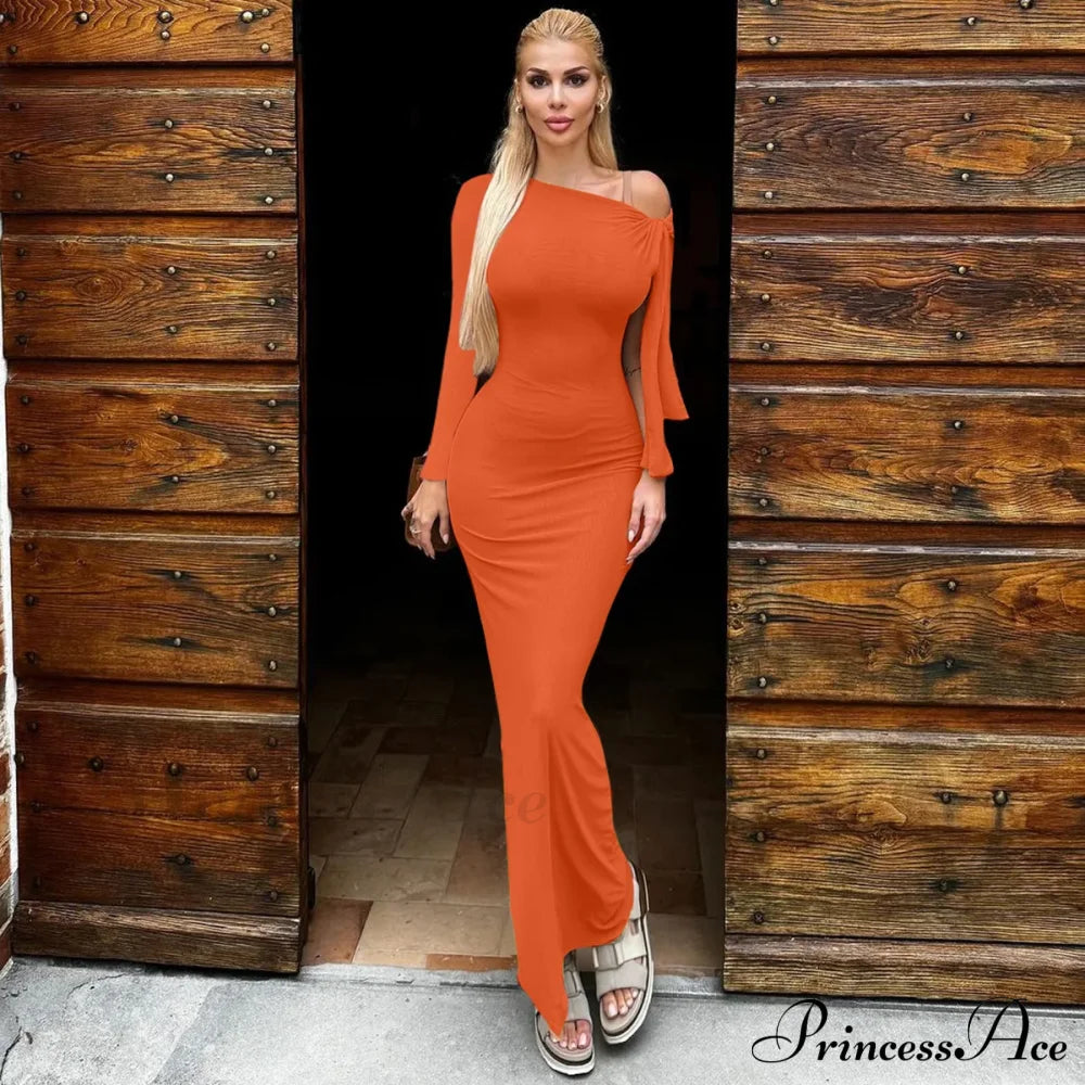 Long Sleeve One Shoulder Graceful Tie Up Bodycon Maxi Dress Fishtail