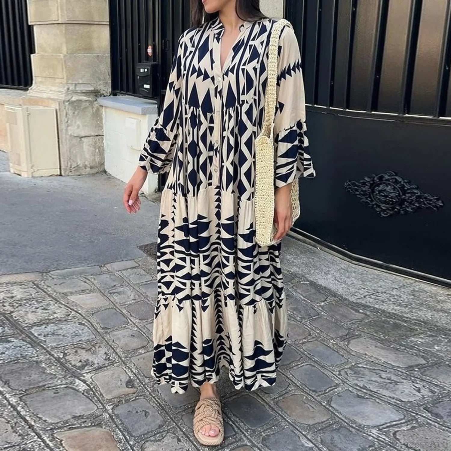 Long Sleeve Pleated Boho Dress bohodress-250126