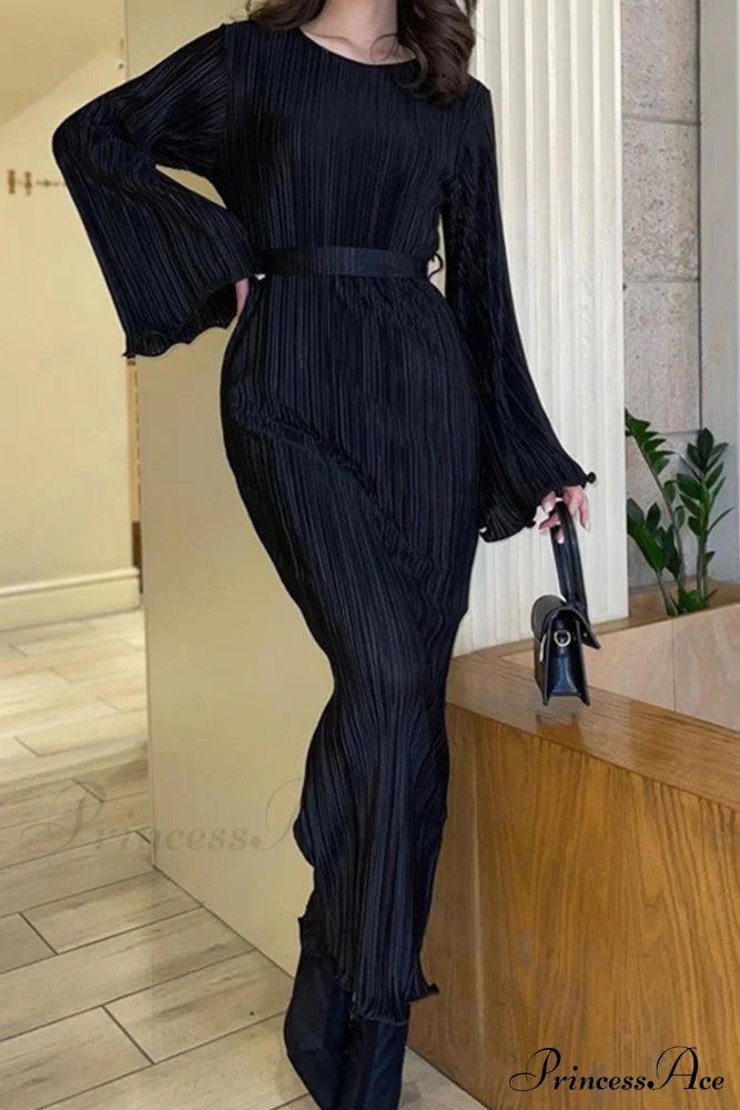 Long Sleeve Pleated Flares Dress With Tie-Waist Black / M Midi Dresses