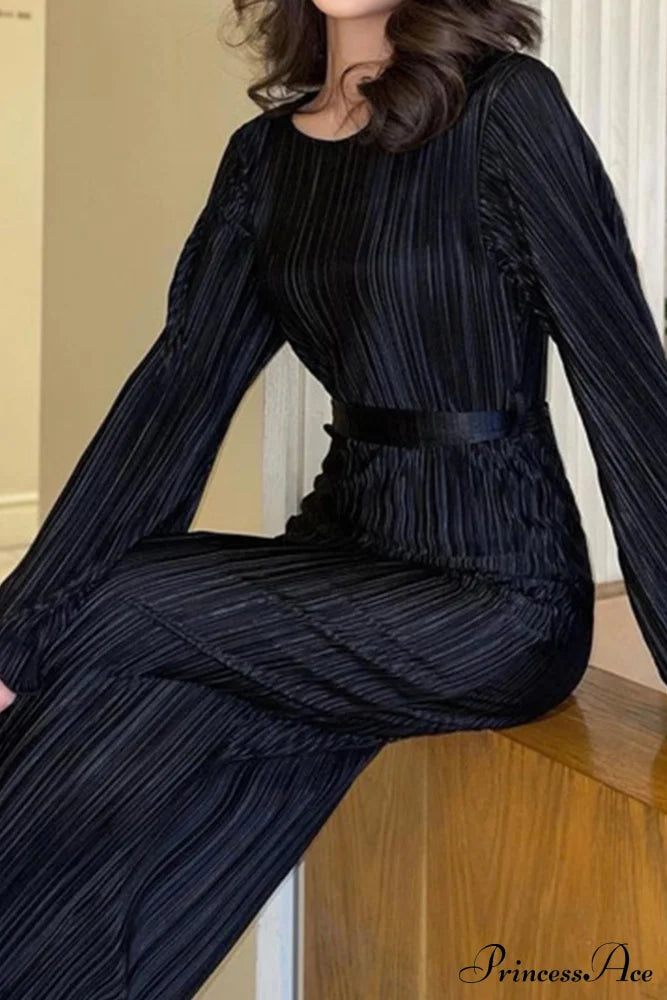 Long Sleeve Pleated Flares Dress With Tie-Waist Black / S Midi Dresses