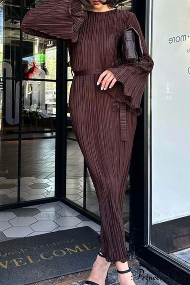 Long Sleeve Pleated Flares Dress With Tie-Waist Brown / L Midi Dresses