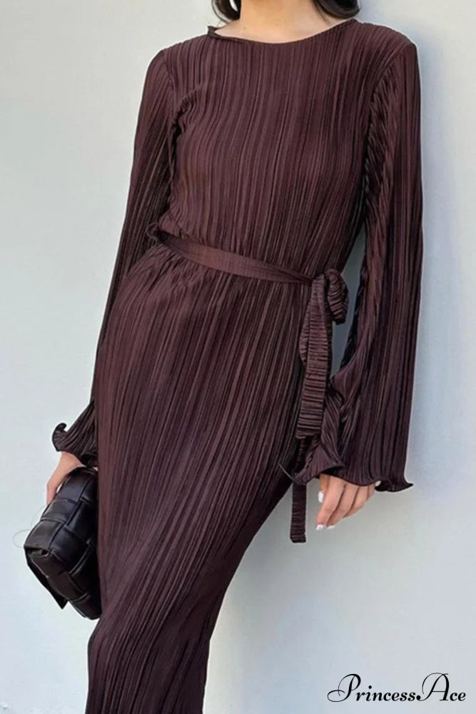 Long Sleeve Pleated Flares Dress With Tie-Waist Brown / S Midi Dresses