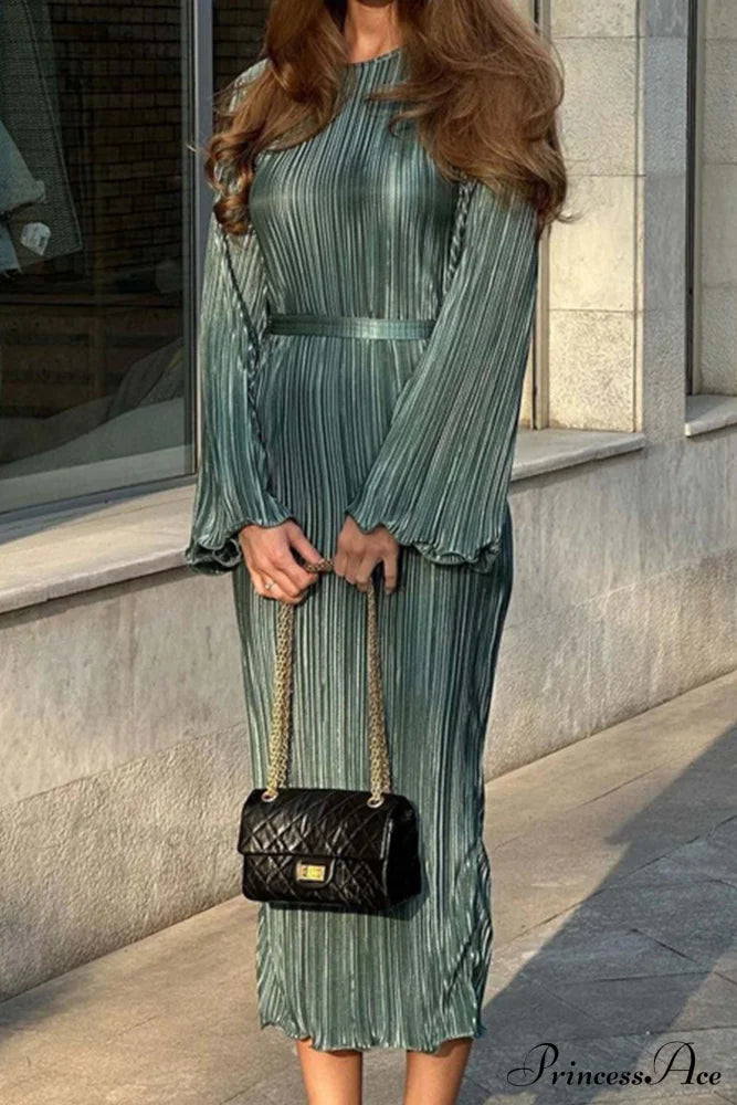 Long Sleeve Pleated Flares Dress With Tie-Waist Green / S Midi Dresses