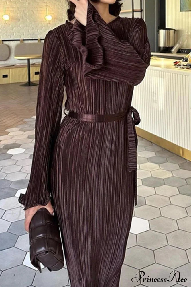 Long Sleeve Pleated Flares Dress With Tie-Waist Midi Dresses