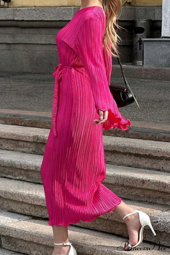 Long Sleeve Pleated Flares Dress With Tie-Waist Midi Dresses