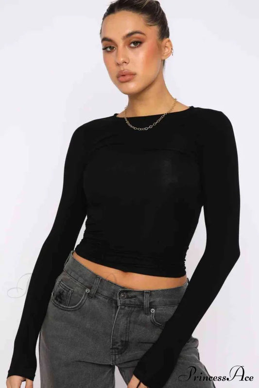 Round Neck Tight Bodycon Long-Sleeve Top Black clothes long sleeve shirt long sleeve shirts long sleeve top long sleeve tops MDML Ship From Overseas shirt shirts top tops