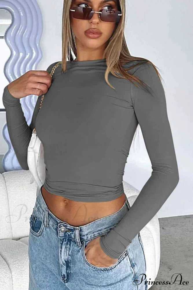 Round Neck Tight Bodycon Long-Sleeve Top Dark Gray clothes long sleeve shirt long sleeve shirts long sleeve top long sleeve tops MDML Ship From Overseas shirt shirts top tops