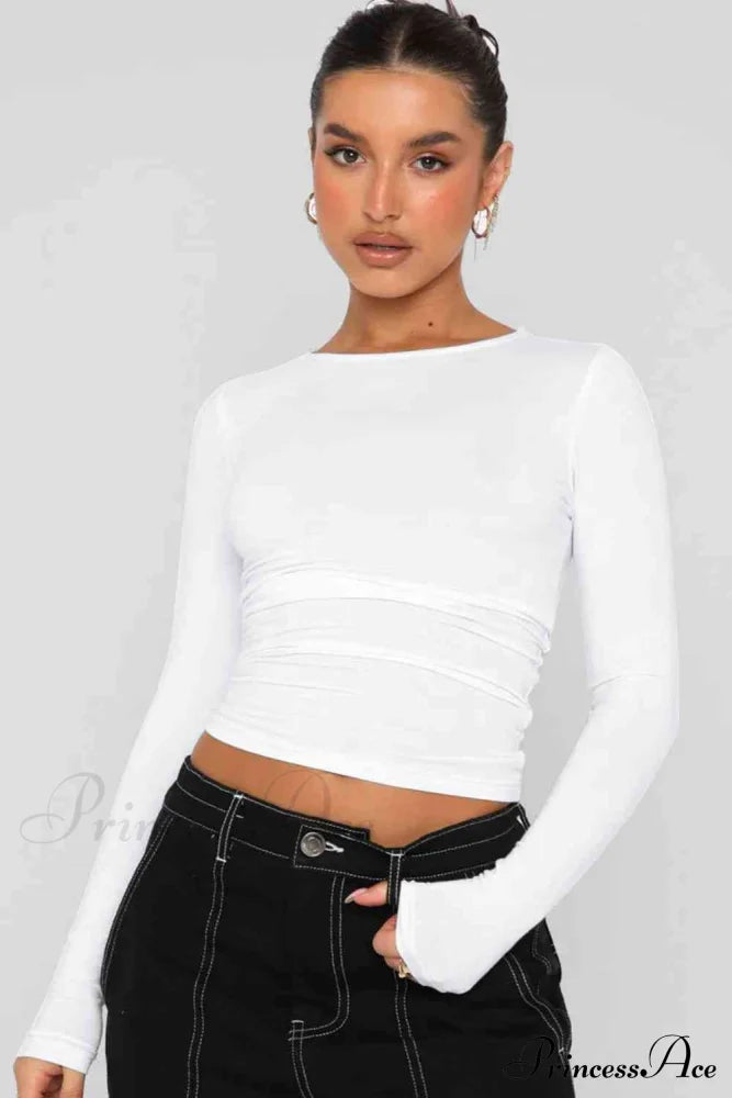 Round Neck Tight Bodycon Long-Sleeve Top White clothes long sleeve shirt long sleeve shirts long sleeve top long sleeve tops MDML Ship From Overseas shirt shirts top tops