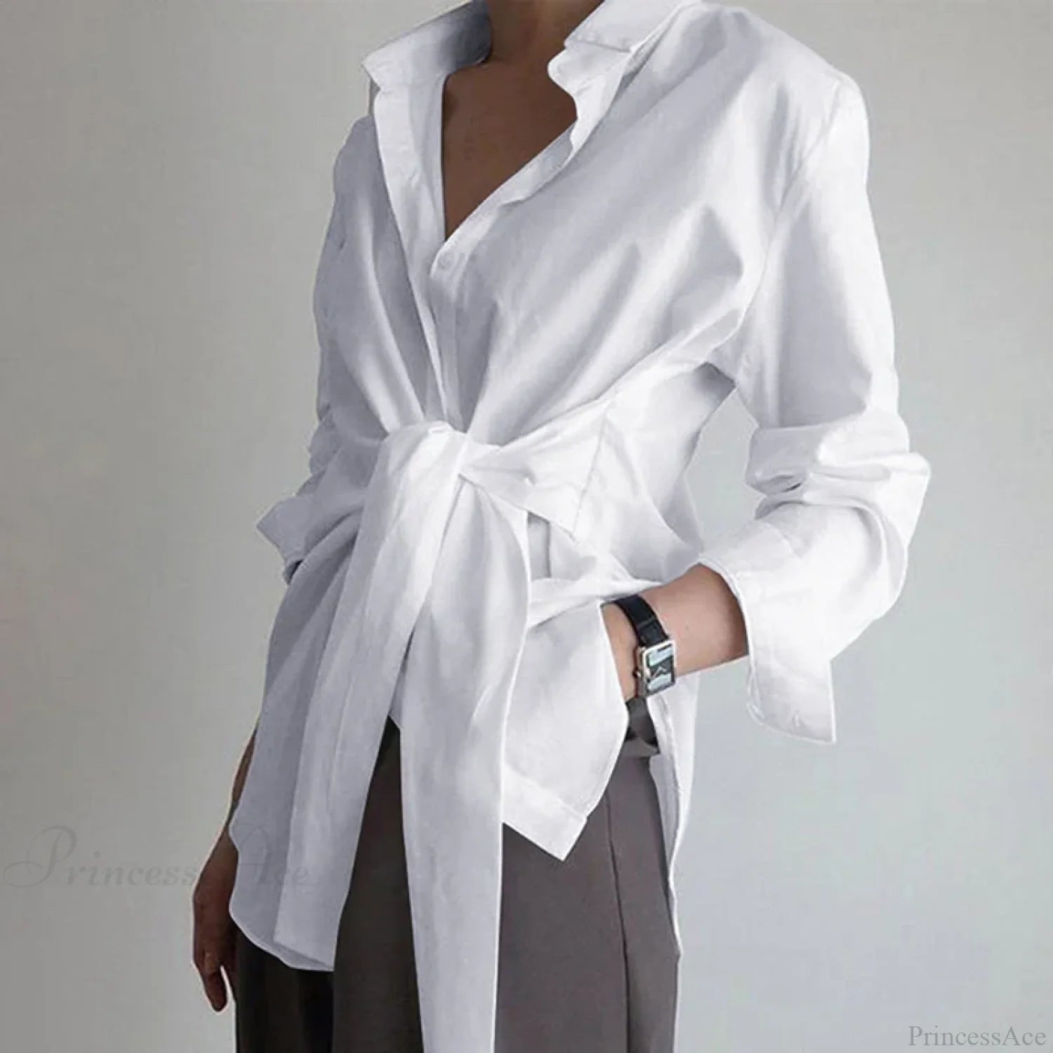 Long Sleeve Ruched Lace-up White Blouse blouse-250126