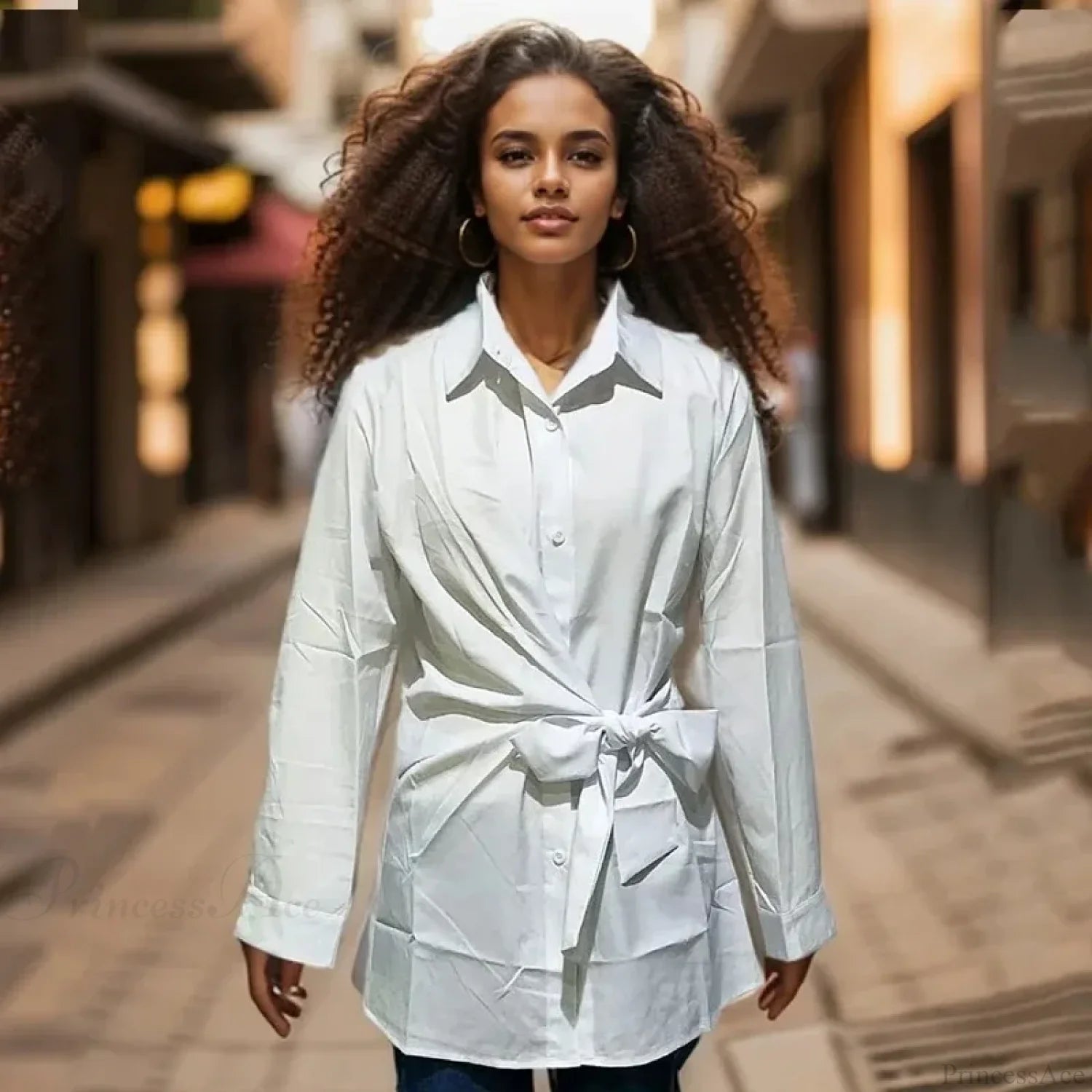 Long Sleeve Ruched Lace-up White Blouse WHITE / S blouse-250126