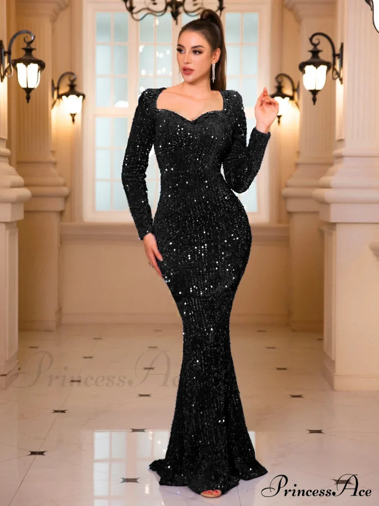 Long Sleeve Sequined Velvet Party Dress Black / S Partydress-241208