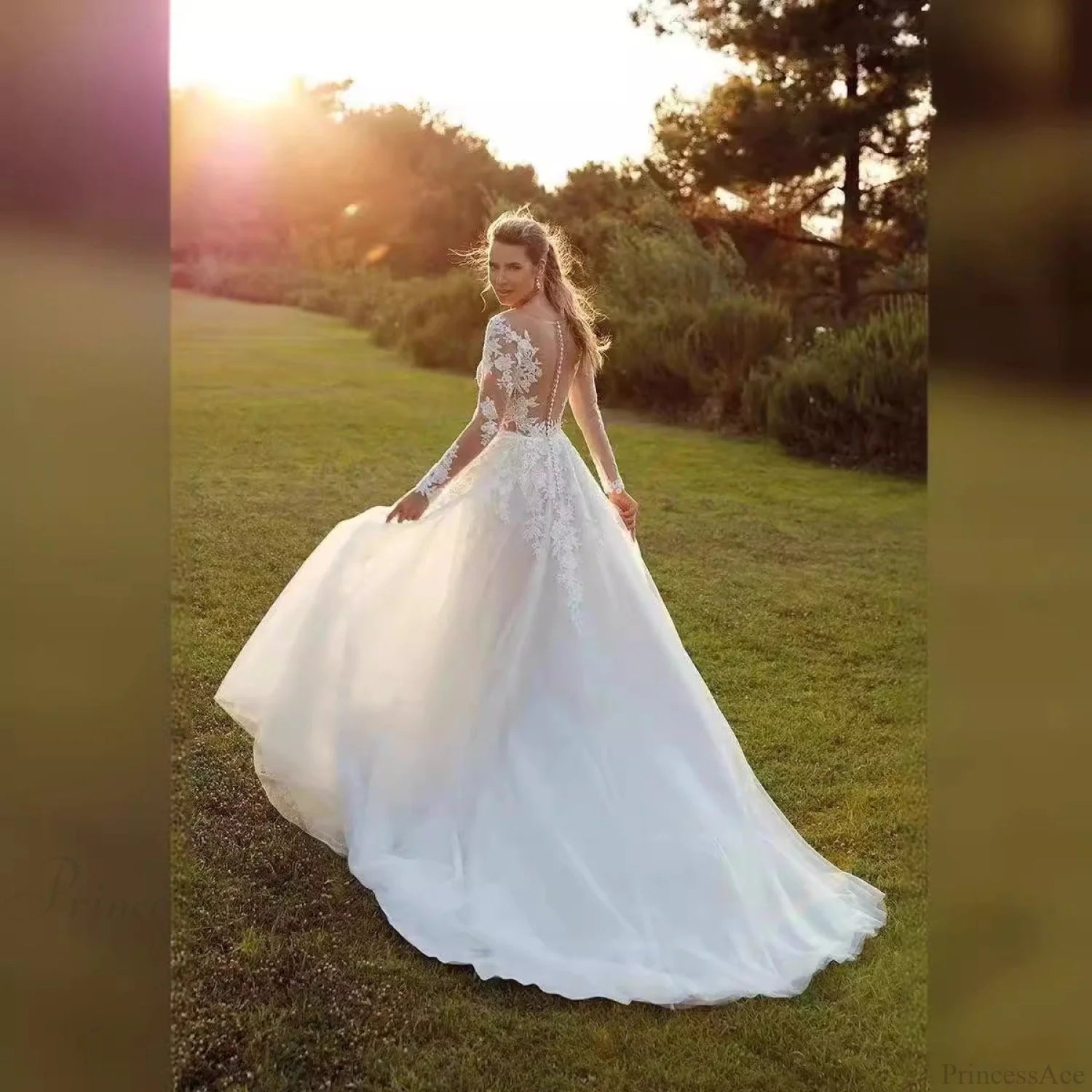 Long Sleeve Sheer Tulle Bridal Wedding Dress weddingdress-250223