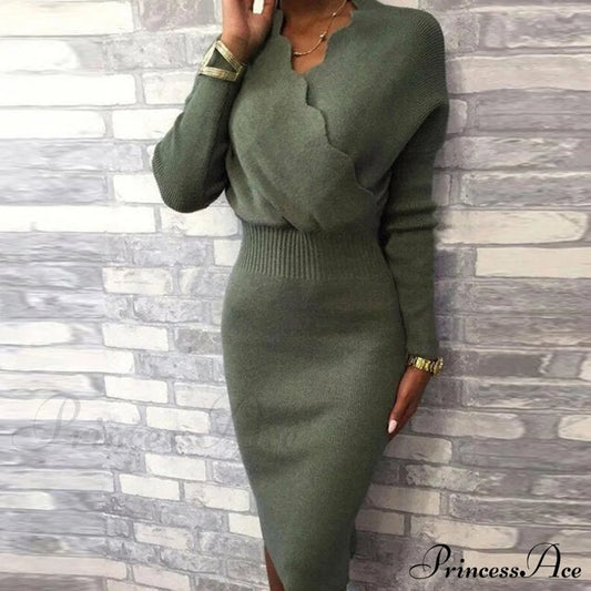 Long Sleeve Slim Fit Knee Dress Green / M