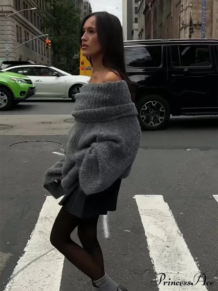 Long Sleeve Stylish Off Shoulder Sweater Sweaters-L