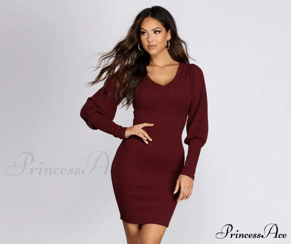 Long Sleeve Ribbed Mini Dress - Lady Occasions