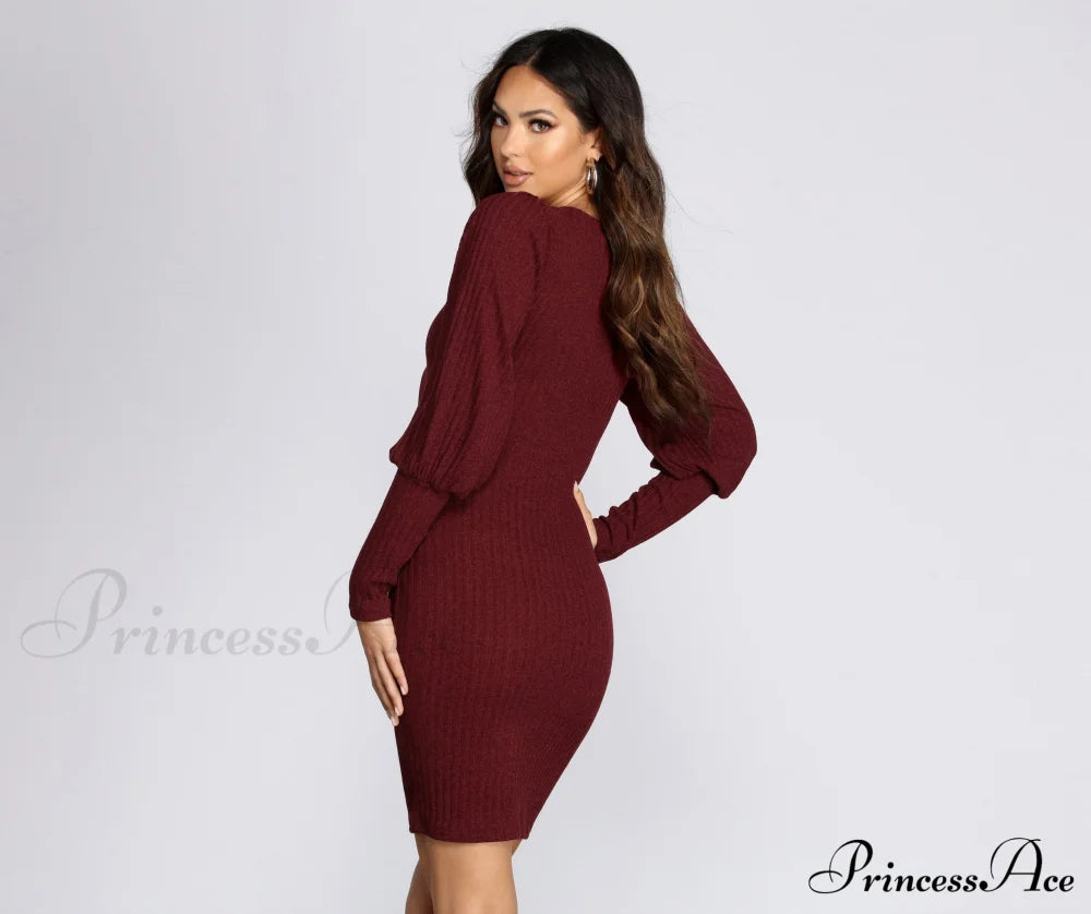 Long Sleeve Stylish Ribbed Mini Dress Casual Dresses