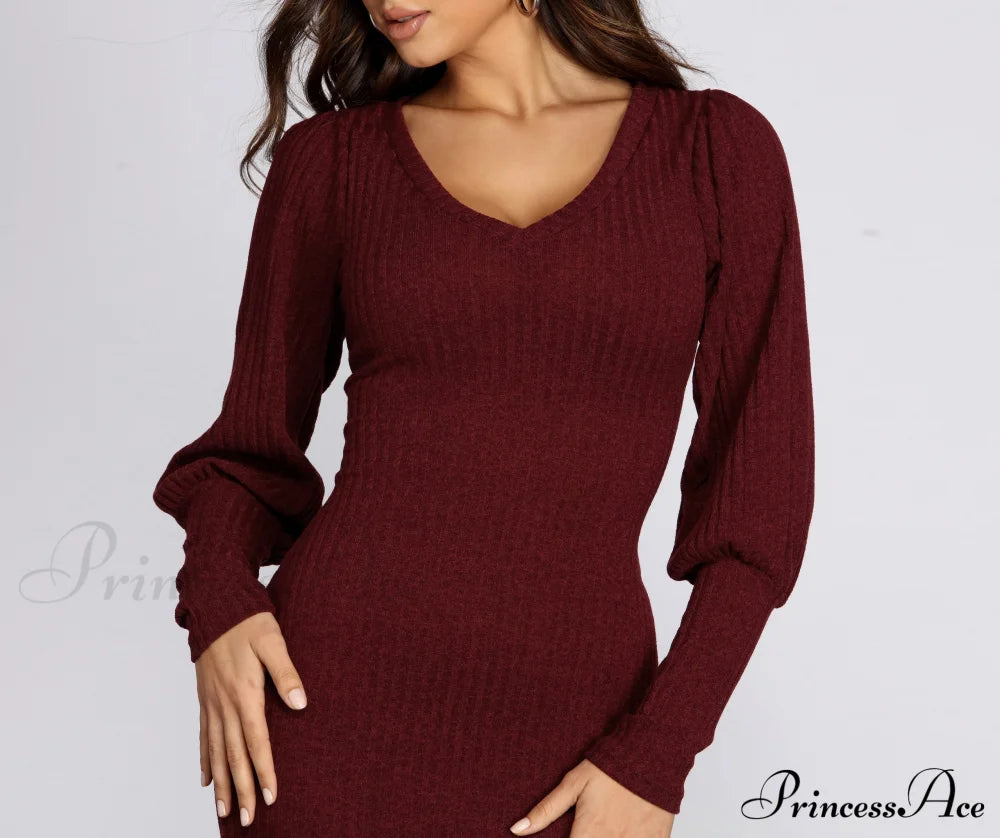 Long Sleeve Stylish Ribbed Mini Dress Casual Dresses