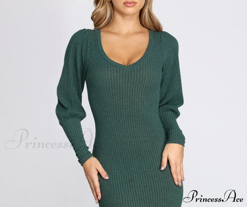 Long Sleeve Stylish Ribbed Mini Dress Casual Dresses