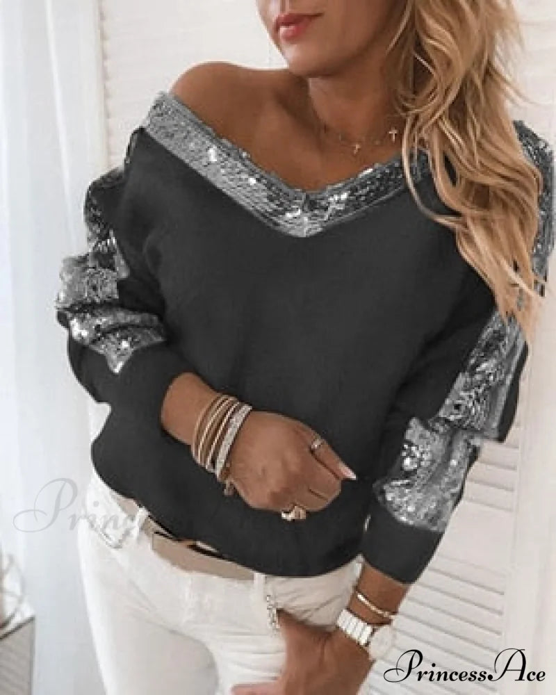 Long Sleeve V Neck Casual Club Party Knitted Sweater Black / M Sweaters-L