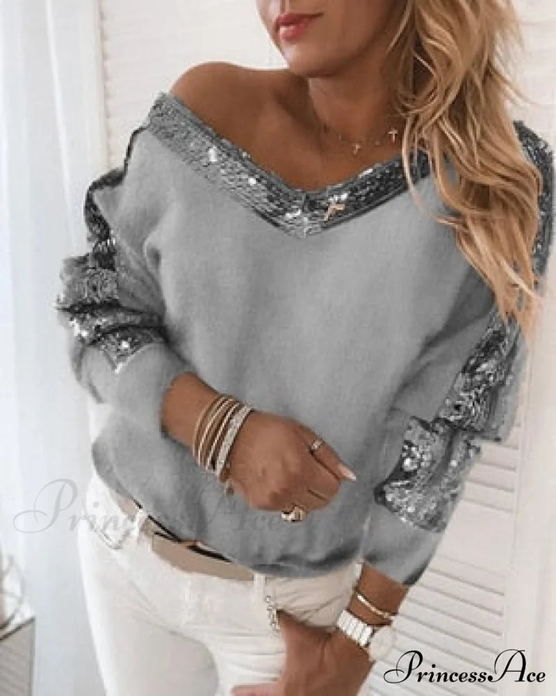 Long Sleeve V Neck Casual Club Party Knitted Sweater Gray / S Sweaters-L