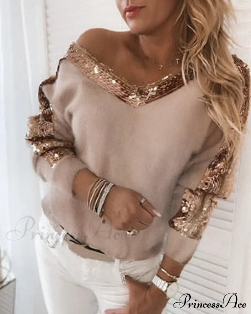 Long Sleeve V Neck Casual Club Party Knitted Sweater Khaki / S Sweaters-L