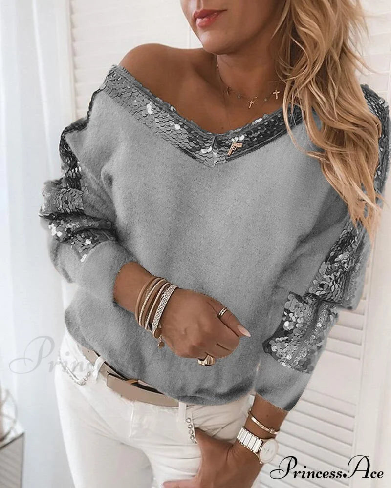 Long Sleeve V Neck Casual Club Party Knitted Sweater Sweaters-L