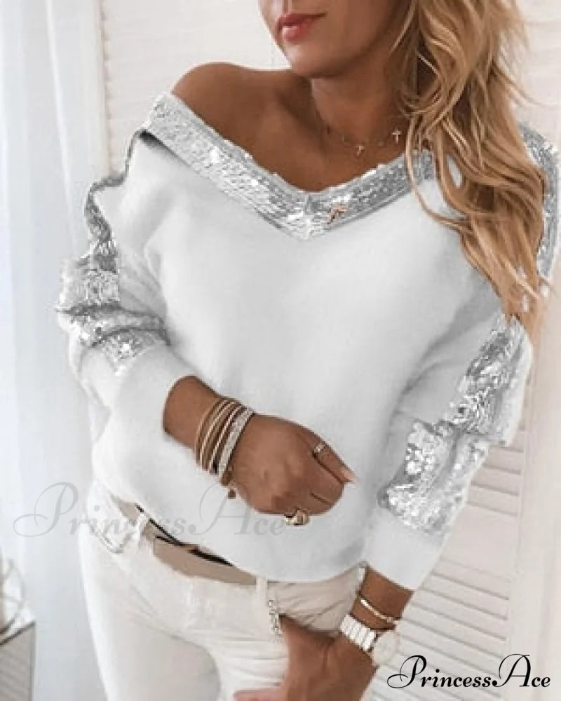 Long Sleeve V Neck Casual Club Party Knitted Sweater White / S Sweaters-L