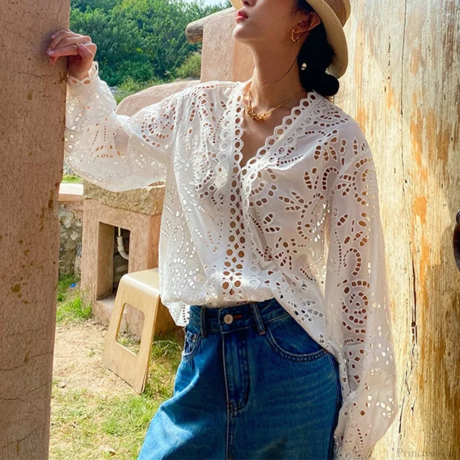 Long Sleeve V-Neck Hollow Out Floral Lace Boho Blouse bohoblouse-250126