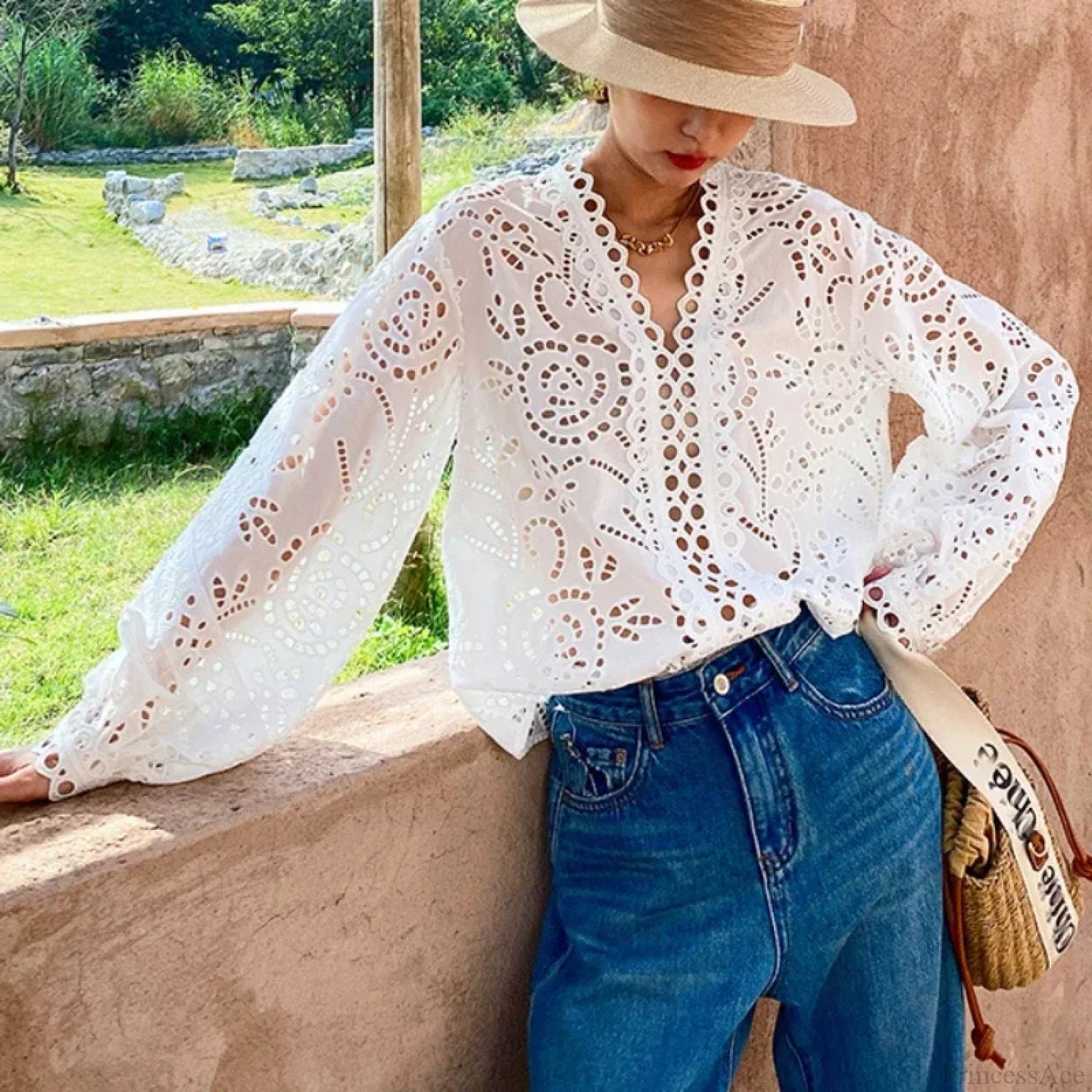 Long Sleeve V-Neck Hollow Out Floral Lace Boho Blouse bohoblouse-250126
