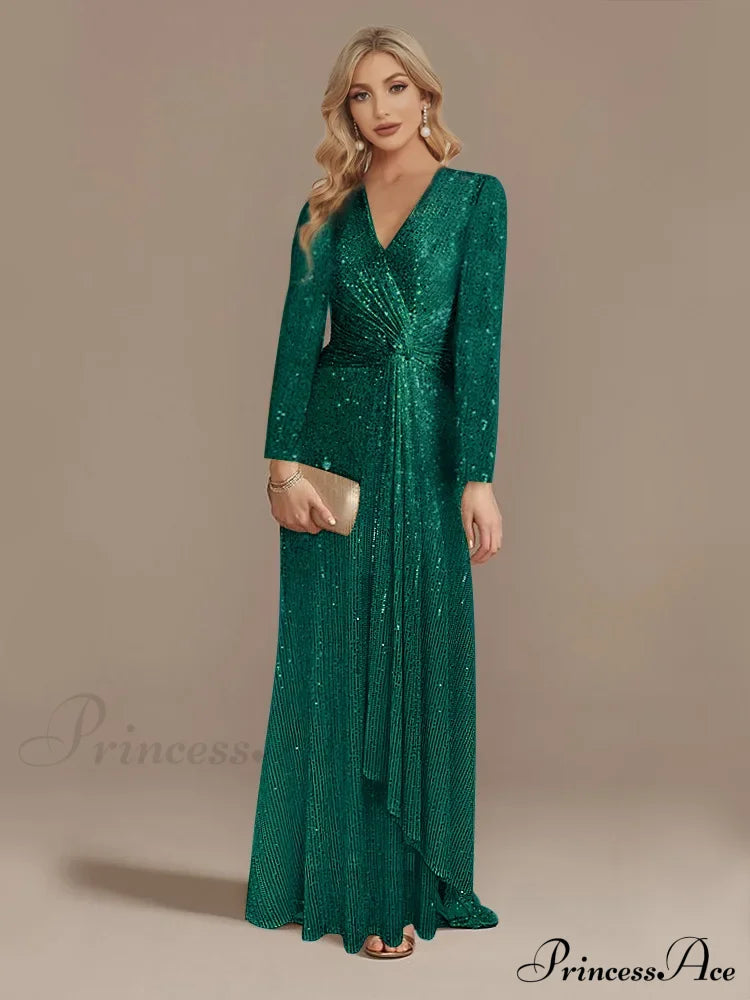 Long Sleeve V-Neck Party Dress Black Green / S Partydress-241208