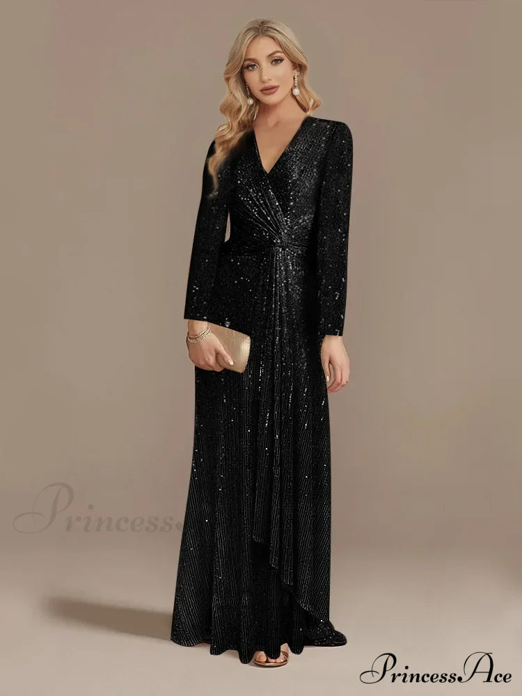 Long Sleeve V-Neck Party Dress Black / S Partydress-241208