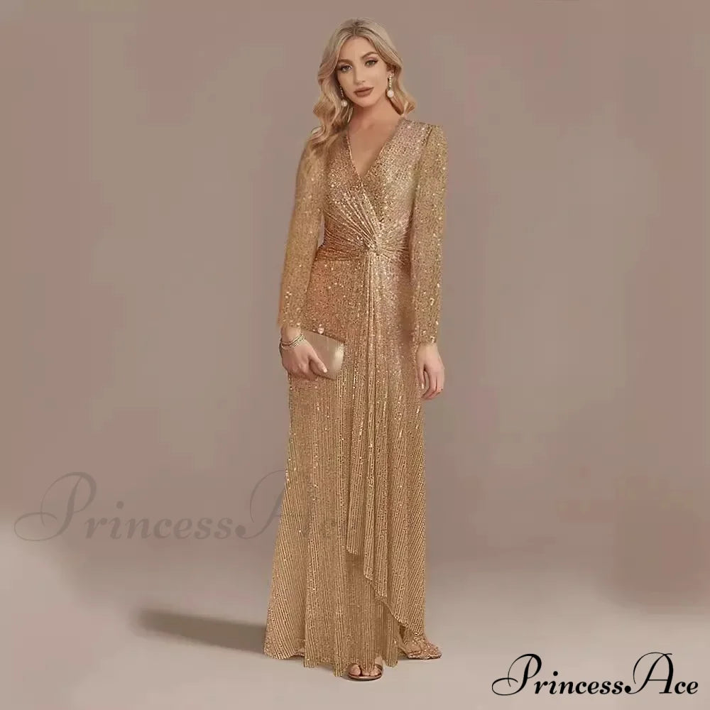 Long Sleeve V-Neck Party Dress Champagne / S Partydress-241208