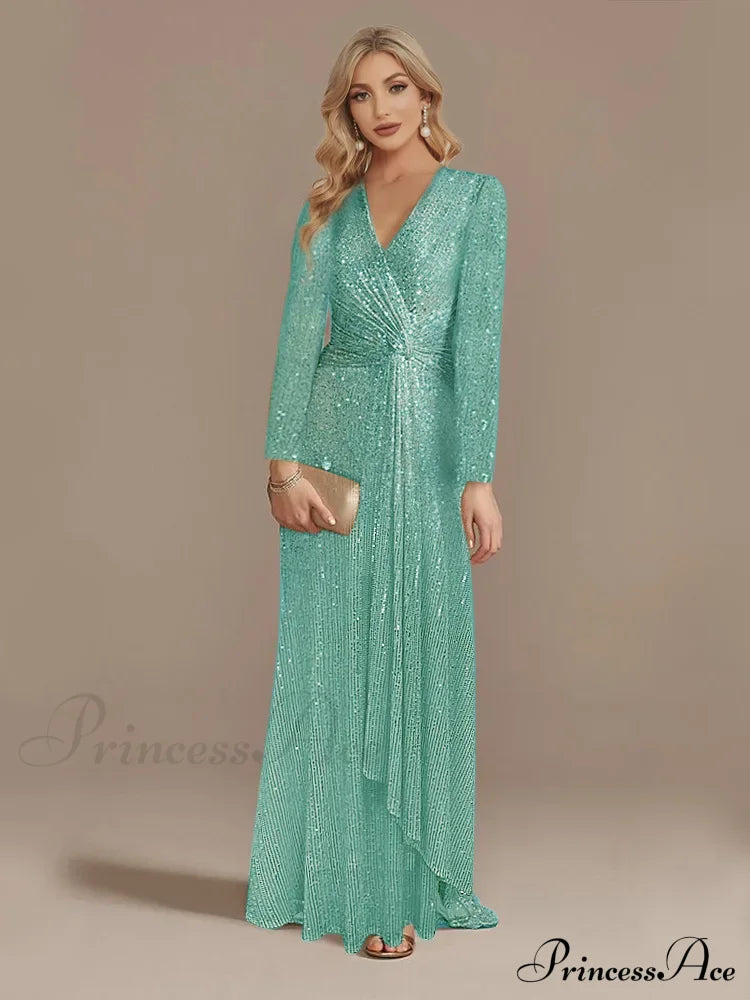 Long Sleeve V-Neck Party Dress Emerald / S Partydress-241208