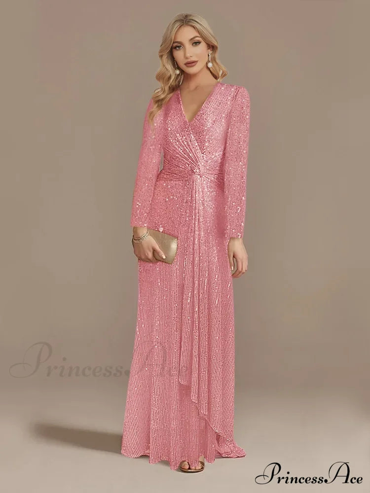 Long Sleeve V-Neck Party Dress Pink / S Partydress-241208