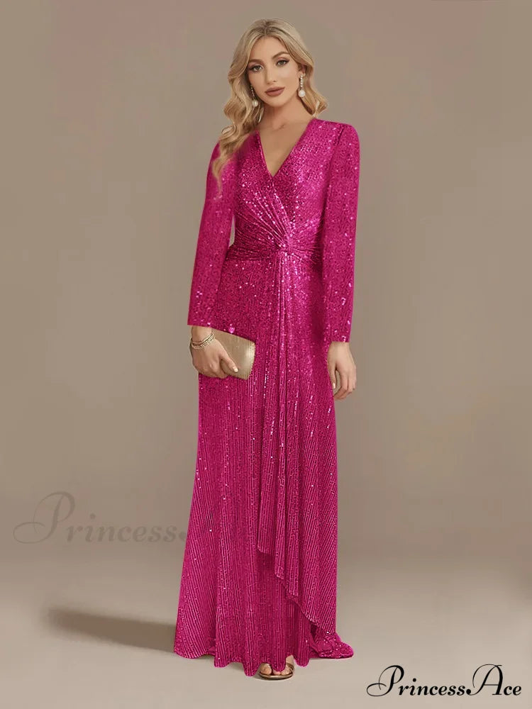 Long Sleeve V-Neck Party Dress Rose / S Partydress-241208