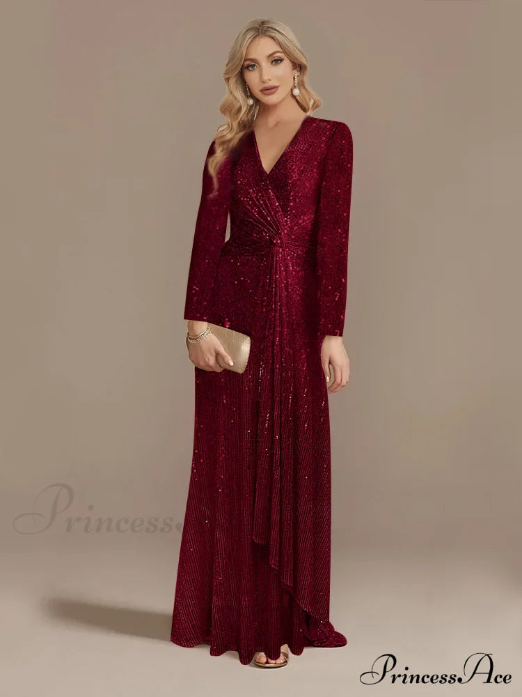 Long Sleeve V-Neck Party Dress Wine Red / S Partydress-241208