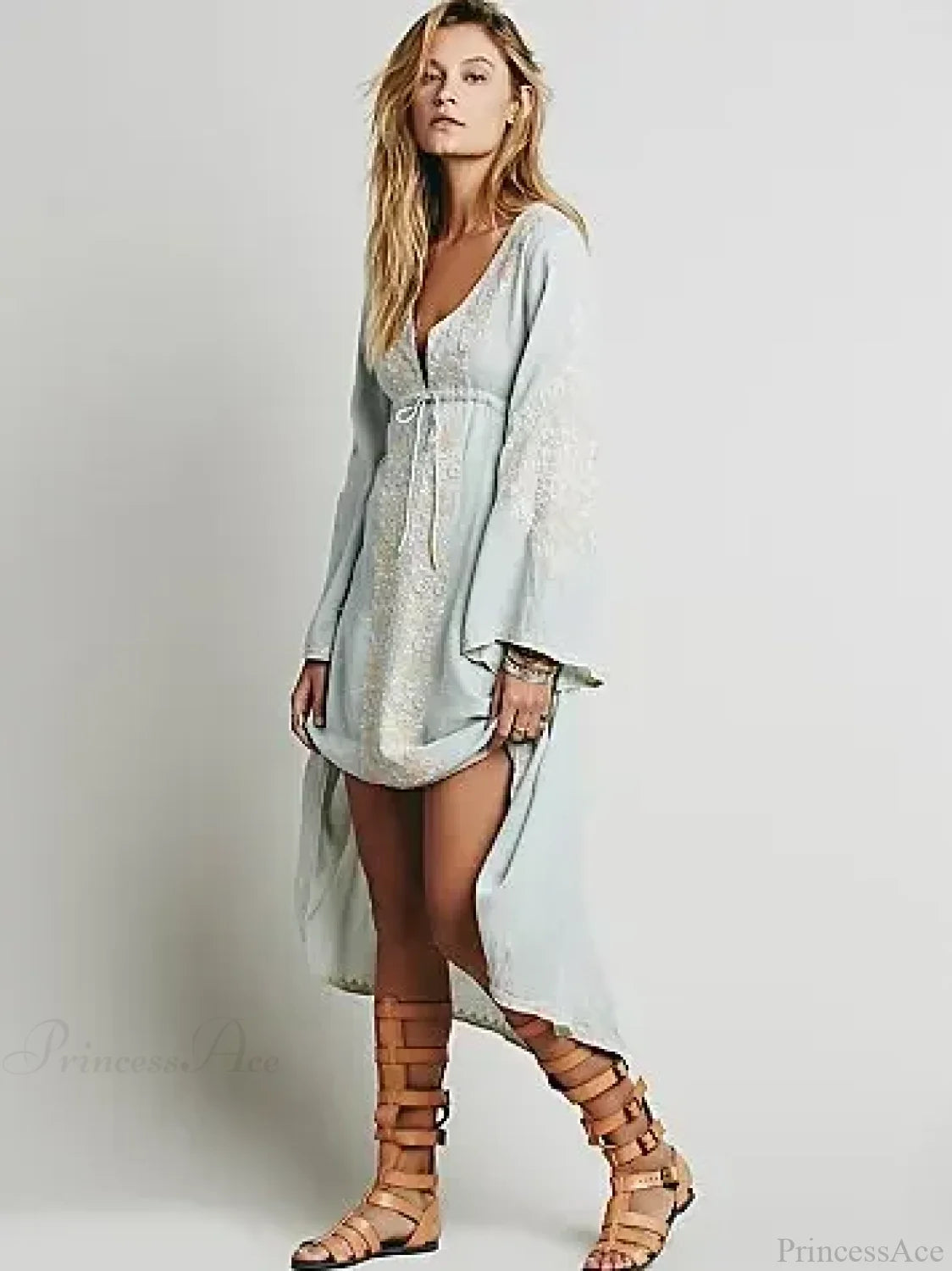 Long Sleeve Vintage Floral Embroidered Cotton Tunic Dress Light blue / S bohodress-250126
