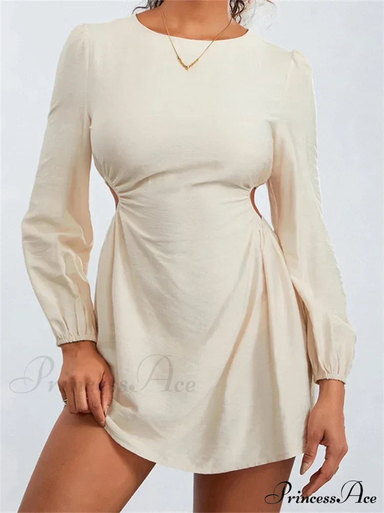 Long Sleeve Waist Hollow Out Tie Up Mini Dress