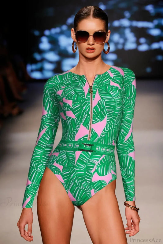 Long Sleeve Zip Blue One Piece Swimsuit green / S onepiece-250223