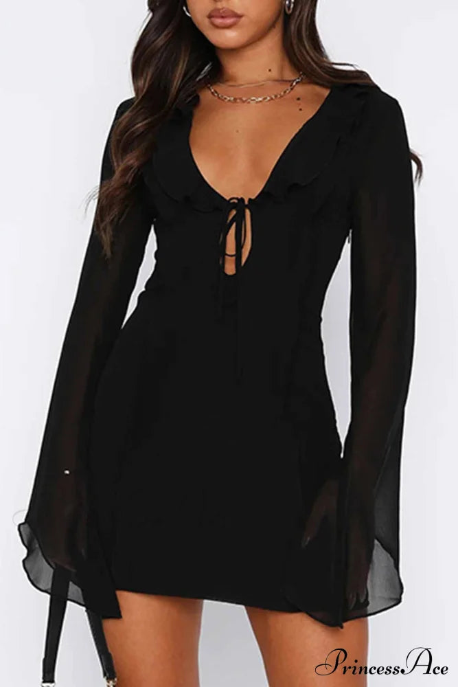 Long Sleeved Ruffled Mini Dress With Lace Up Detail Black / L Dresses