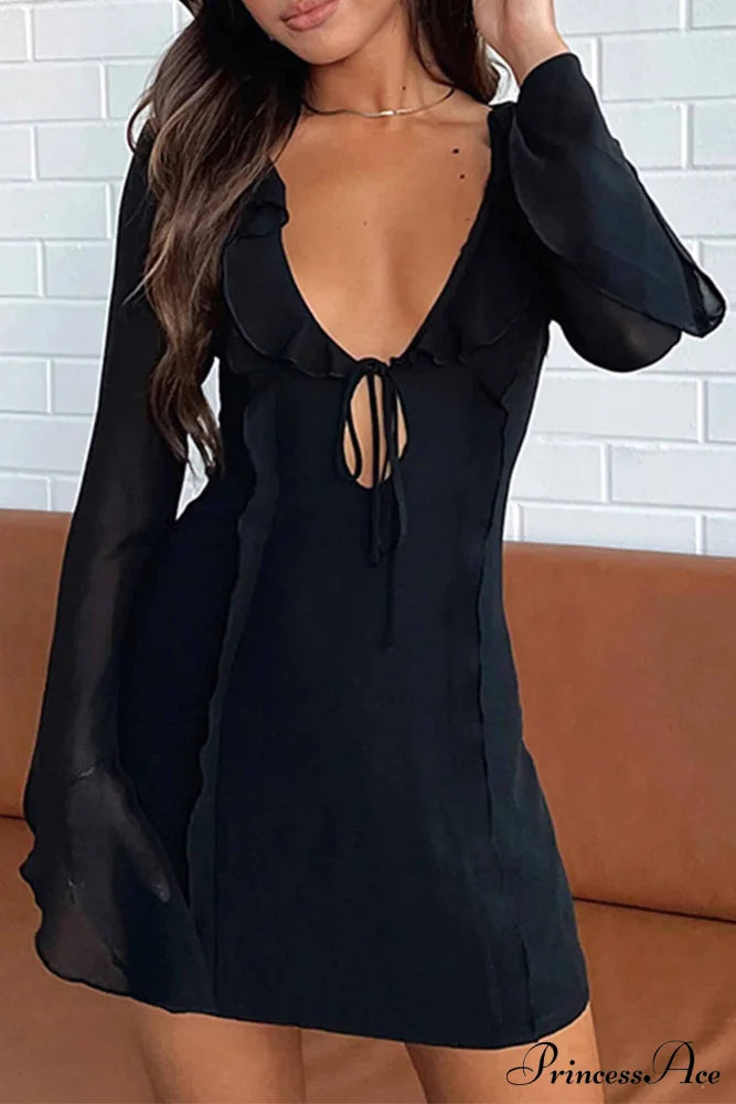 Long Sleeved Ruffled Mini Dress With Lace Up Detail Black / M Dresses