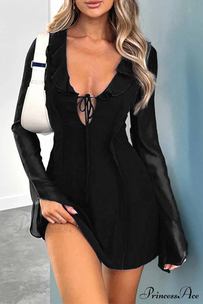 Long Sleeved Ruffled Mini Dress With Lace Up Detail Black / S Dresses