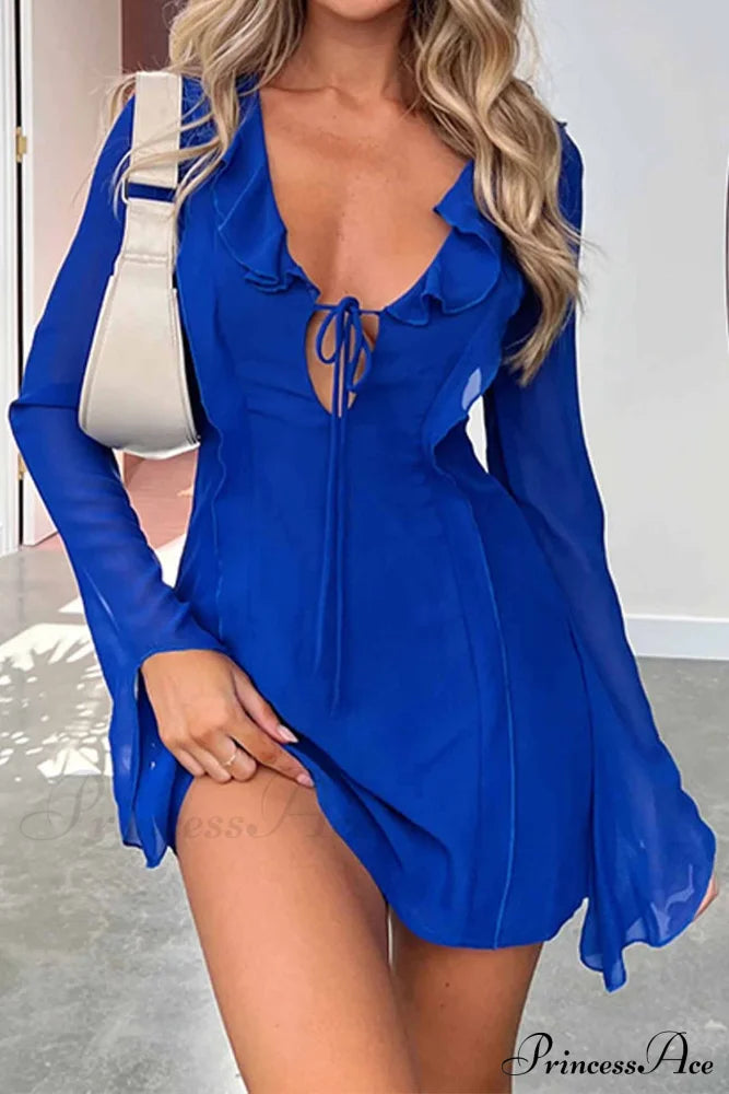 Long Sleeved Ruffled Mini Dress With Lace Up Detail Blue / S Dresses